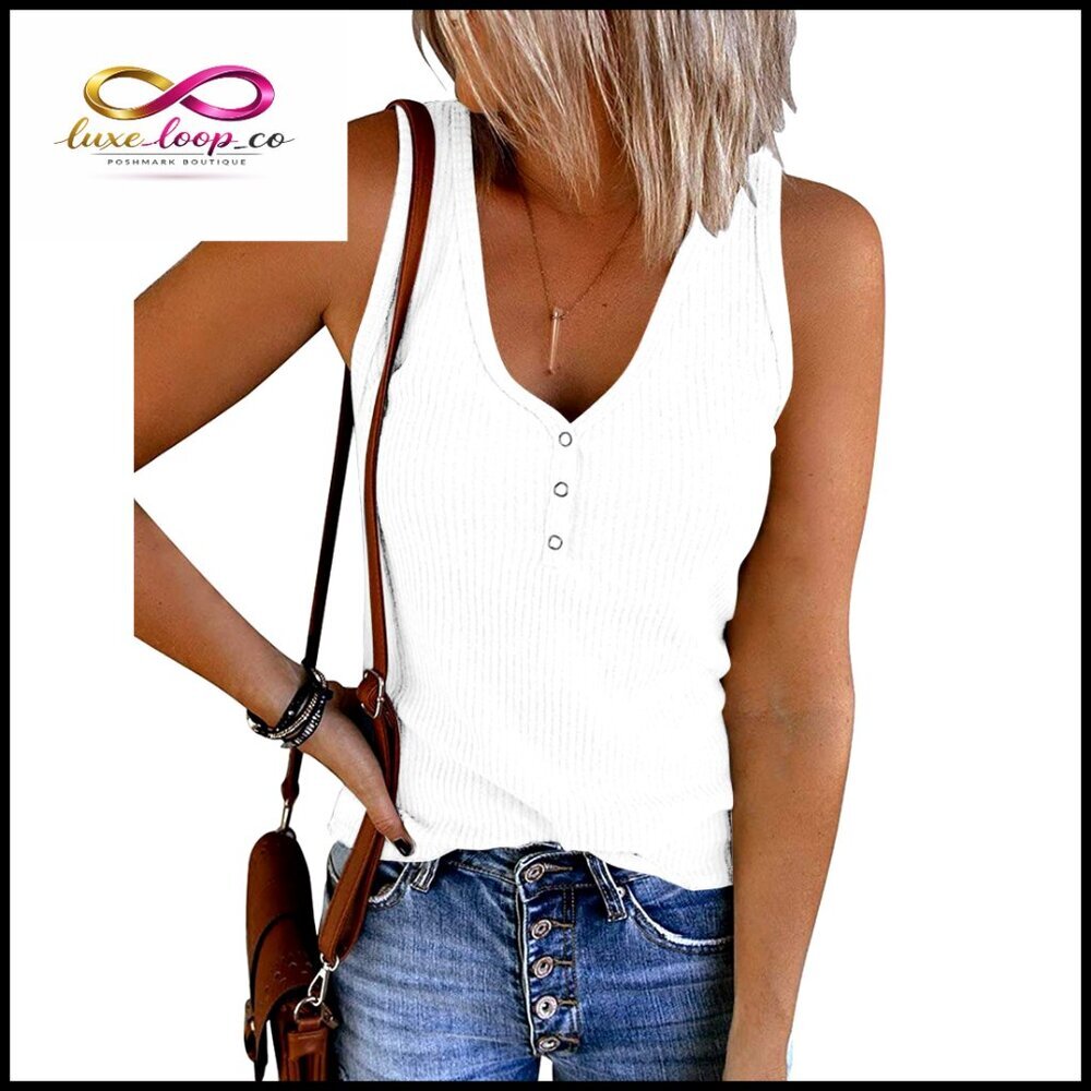 Ribbed V-Neck Tank Top, Henley Button, Loose Fit, Summer Casual